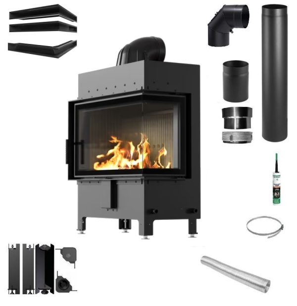Zestaw Lucy 14 prawy new black 600x618 - Zestaw kominek powietrzny stalowy KRATKI LUCY Prawy BLACK 14 kW Ø 200 z akcesoriami