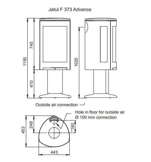 373 wymiar 2 - Piecyk żeliwny Jøtul F 373V2 Advance WHE
