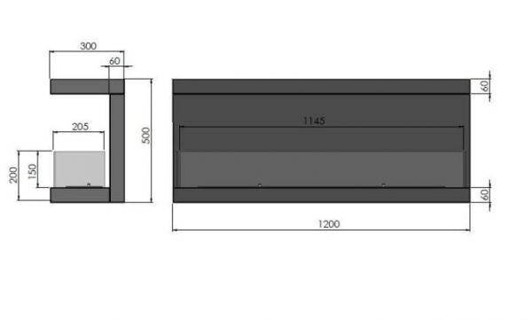 wymiary c1200 v3 600x361 - Biokominek trzystronny do zabudowy Infire INSIDE C1200V3