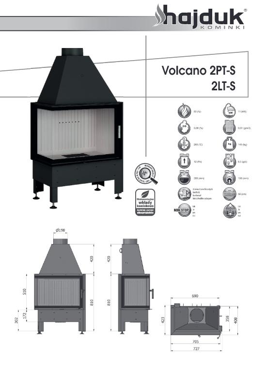Kopia 4. Volcano 2LT S wymiary - Wkład kominkowy Hajduk Volcano 2LTS czarna ceramika