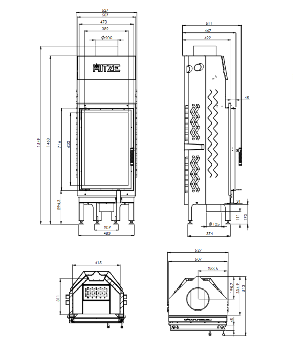 HITZE ALBERO AL11gvH kominek fireplace DECOR wymiary 1 600x685 - Krbová vložka HITZE Albero 14 kW AL14S.V-D
