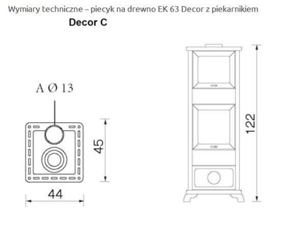 DECOR C wymiary 600x456 - Piecyk wolnostojący opalany drewnem DECOR C z piekarnikiem