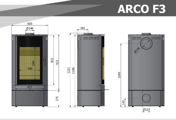 arco3 wymiary 600x409 - Piecyk wolnostojący Hajduk ARCO F3