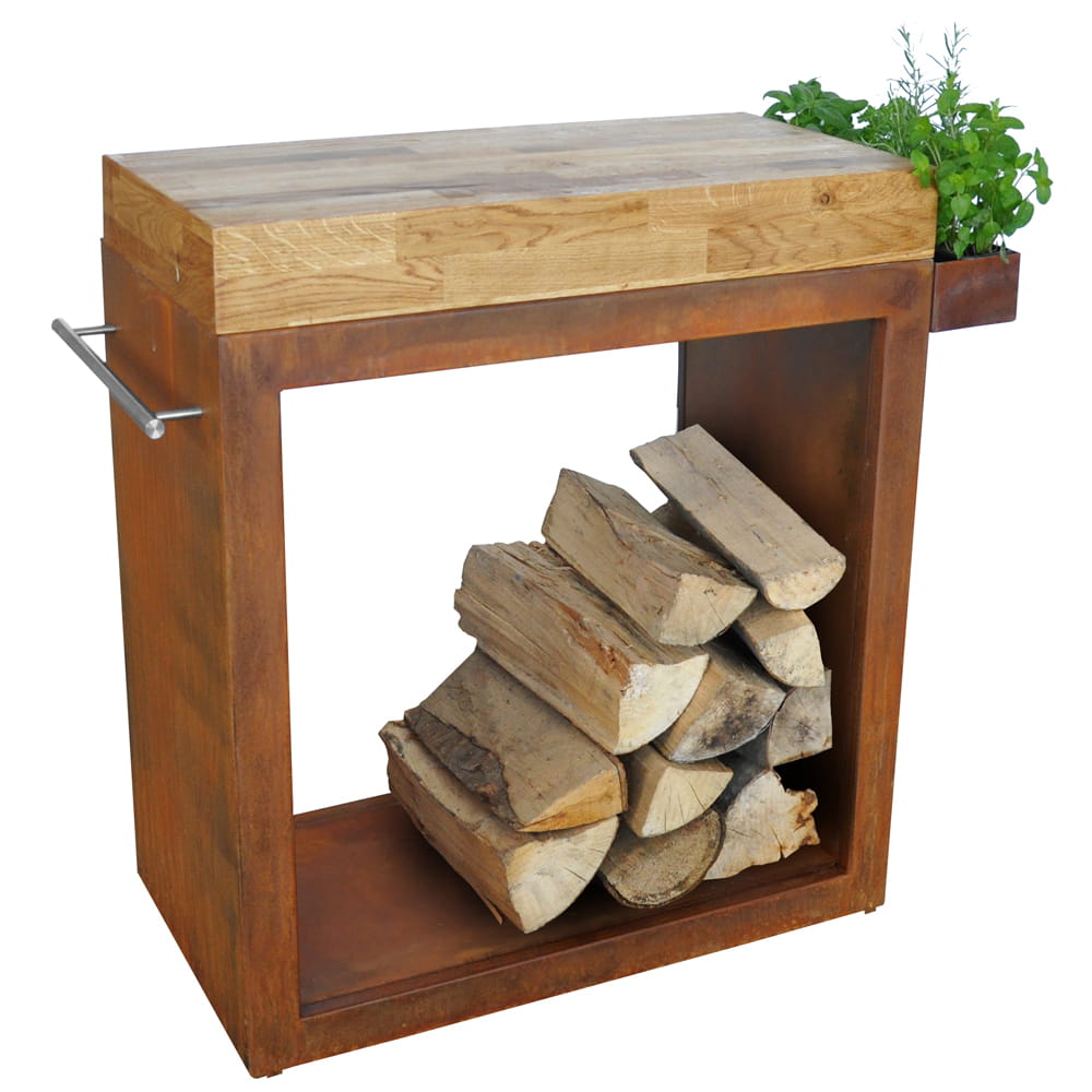 Żeliwny piecyk na drewno Jøtul F 105 R LL szafka artiss 80x80 corten blat drewniany 2b - Żeliwny piecyk na drewno Jøtul F 105 R LL