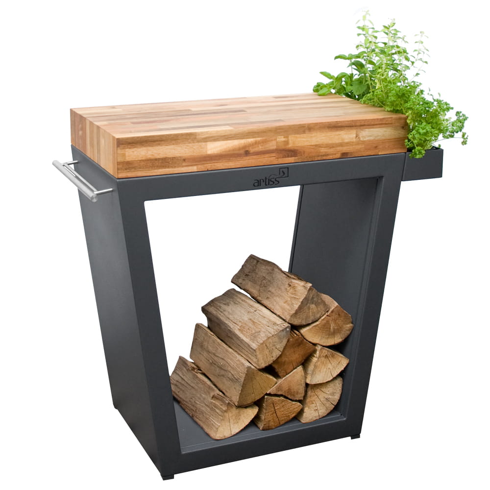 Żeliwny piecyk na drewno Jøtul F 105 R LL stolik trapez 80x45x91 grafit blat drewniany 1 - Żeliwny piecyk na drewno Jøtul F 105 R LL