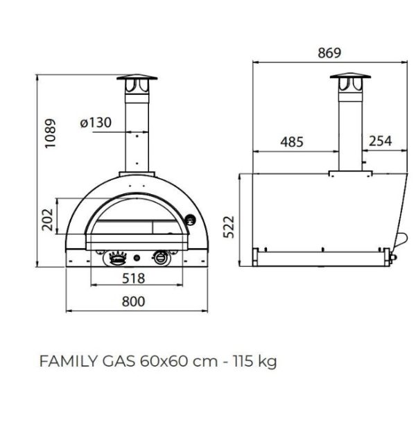 Family a gaz wymiary 60x60 gaz 600x629 - Piec do pizzy Family 60x60 Hybrydowy na gaz i drewno